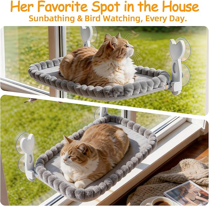 Cat Window Perch - Gray Cordless Foldable Cat Window Hammock for Large Cats, Sturdy Metal Frame Hanging Cat Bed, 40 lbs Capacity