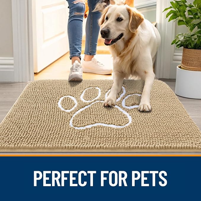 OLANLY Dog Door Mat for Muddy Paws 44x24, Paw Print Design Chenille Mud Mat | Beige, Absorbent, Traps Moisture and Dirt, Non-Slip Washable Doormat, Quick-Drying Indoor Entryway Floor Carpet for Dogs
