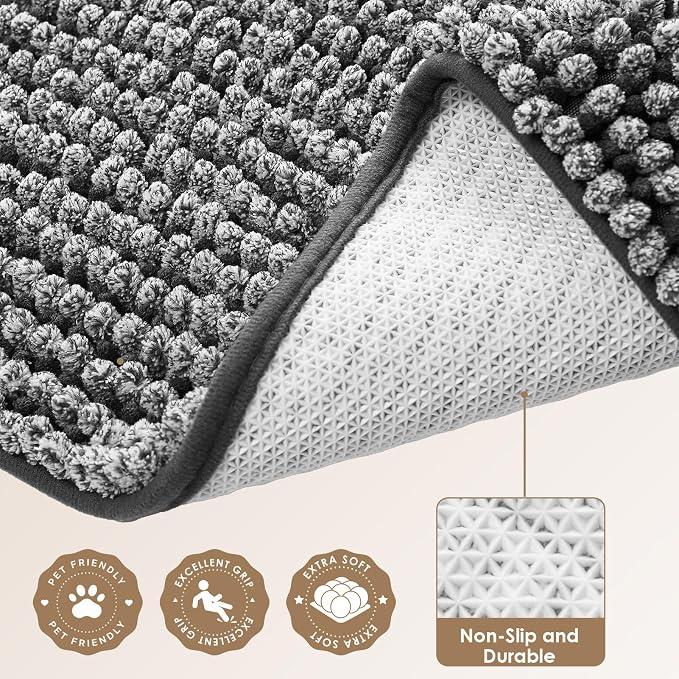 EHEYCIGA Super Absorbent Dog Door Mat for Muddy Paws 60x24 Inch Indoor, Front Doormat Outside Entrance, Quick Dry Chenille Washable Dog Crate Bed, Non-Slip Pet Rug Mud Mat Outdoor Entryway, Grey
