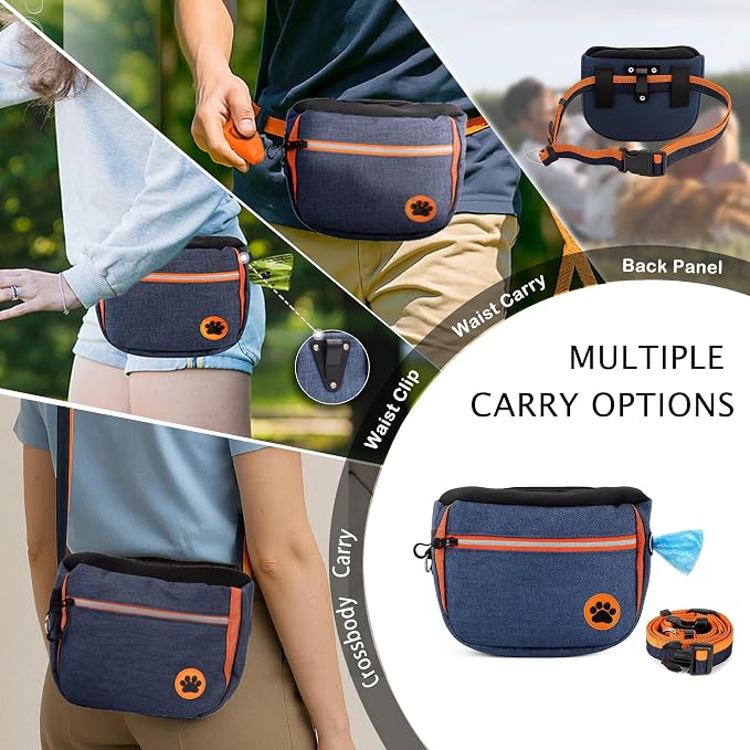 Dog Treat Pouch Bag for Training, Puppy Training Kit with 5 Double-Sided Obedience Cards, Clicker & Whistle, Dual Removable Liners, Large U-Shaped Opening, Waist Clip Treat Bag for Dog Walking