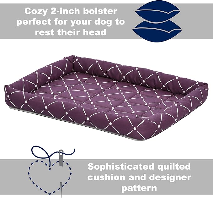 MidWest Homes for Pets 40222-PLD Quiet Time Couture Ashton Bolster Pet Bed, Small Dog/22, Plum & White Diamond Pattern