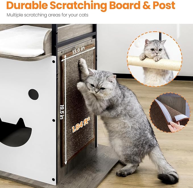 48in Wood Modern Cat Tree for Large Indoor Cats with Big Perch Bed | Multi-Level Climbing Design, Cat Cando, Sisal Scratching Posts and Board, Removable Washable Pads, Stable Greige