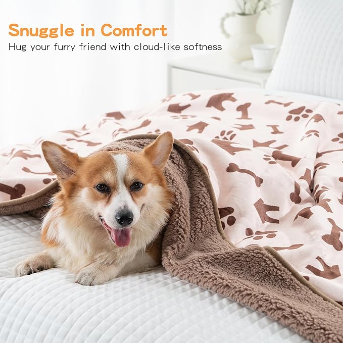 Waterproof Dog Blankets Pet Blanket, 30"x40" Cat Blanket for Indoor Cats, Soft Fluffy Sofa Car Bed Protector, Reversible Sherpa Fleece Puppy Blanket for Small Medium Dogs(Beige-House)