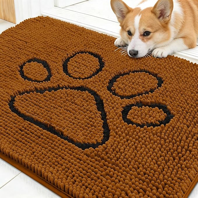 OLANLY Dog Door Mat for Muddy Paws 30x20, Paw Print Design Chenille Mud Mat | Ochre, Absorbent, Traps Moisture and Dirt, Non-Slip Washable Doormat, Quick-Drying Indoor Entryway Floor Carpet for Dogs