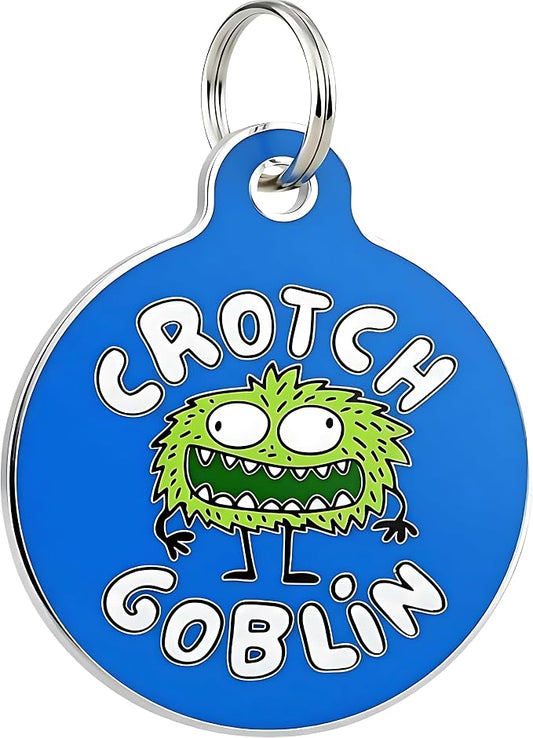 Bad Tags Personalized Dog and Cat ID Tags in 25+ Designs and 2 Sizes - 5 Lines of Custom Engraved Text - Funny Cute Personalized Pet Tags (Crotch Goblin, Small (1 inch))