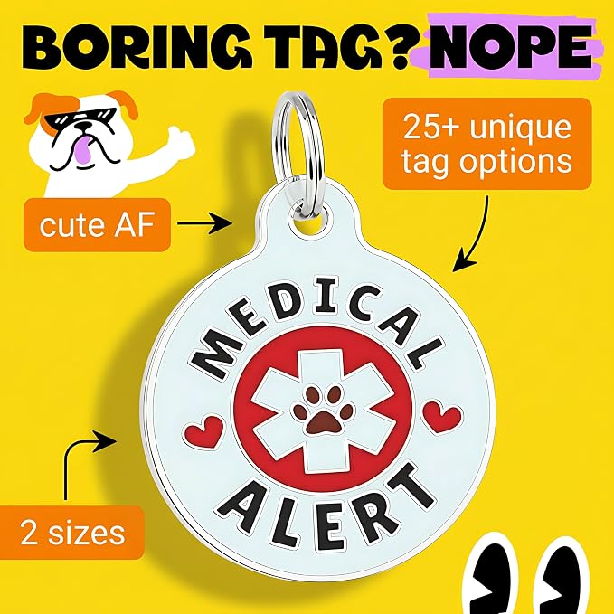 Bad Tags Personalized Dog and Cat ID Tags in 25+ Designs and 2 Sizes - 5 Lines of Custom Engraved Text - Funny Cute Personalized Pet Tags (Medical Alert, Large (1.25 inch))