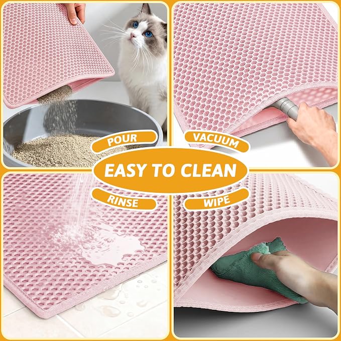 Pieviev Litter Box Mat, Double-Layer Urineproof Design, 30" x 24" Pink | Honeycomb Litter Trapping Mat Captures Scattered Particles to Stop Tracking, Waterproof Base Protects Floors, Easy to Clean