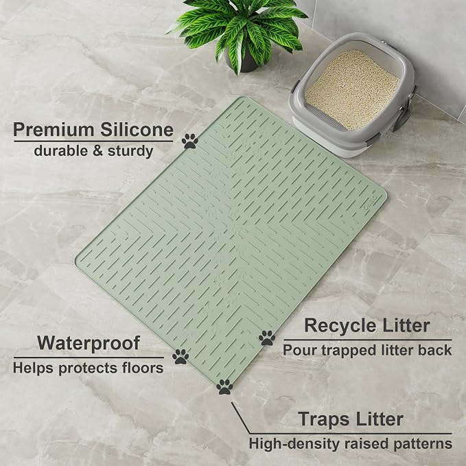 OHMO Large Cat Litter Mat, 31.5x23.6 Silicone Trapping Mat Sage Green | for Kitty Litter Box, Easy Clean, BPA Free Rubber, Center Litter Collection, Easy Pour-Back, Waterproof, Odor-Resistant