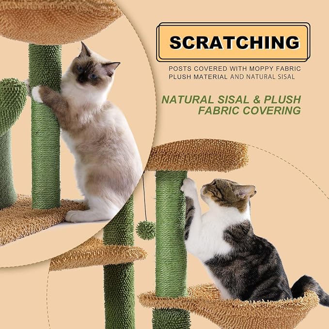 MUTTROS Cactus Cat Tree, Multi-Level Cat Tower with Large Metal Carpet Hammock, Cat Scratching Post for Indoor Cats with Condo & Replaceable Toy Ball, Green