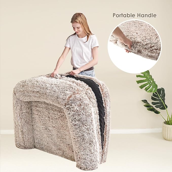 EHEYCIGA Foldable XXL Dog Bed for Large Sized Dog, 54"x38"x7.5" Faux Fur Fluffy Pet Couch Bed, Orthopedic Calming Memory Foam Big Pet Bed, Washable Pet Sofa Bed with Non-Slip Bottom, Faded Brown