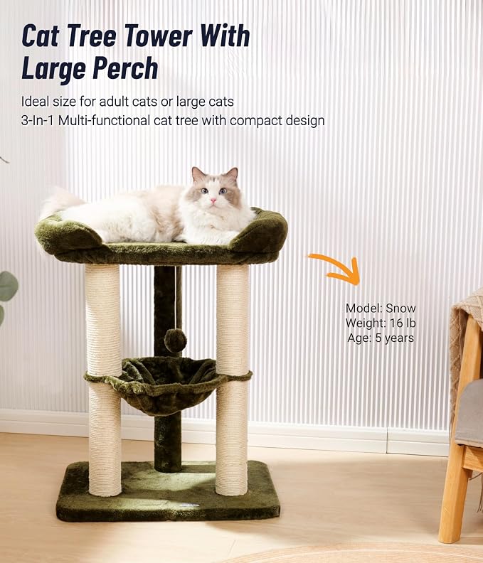 Happi N Pets 28" Cat Tree, Large Bed for Big Cats, Small Cat Tower with Soft Perch for Window Viewing, Stable Cat Tree Tower, Cat Scratching Post with Hammock, Removable Cover-Green