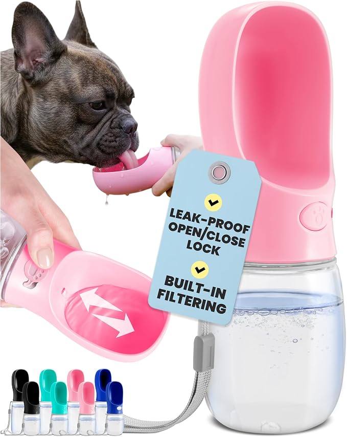MalsiPree On the Go Dog Water Bottle - 12 oz Pink, Leak-Proof | 12oz leak-proof bottle & built-in bowl - one-hand use - Use for dog travel, hiking, park & beach days