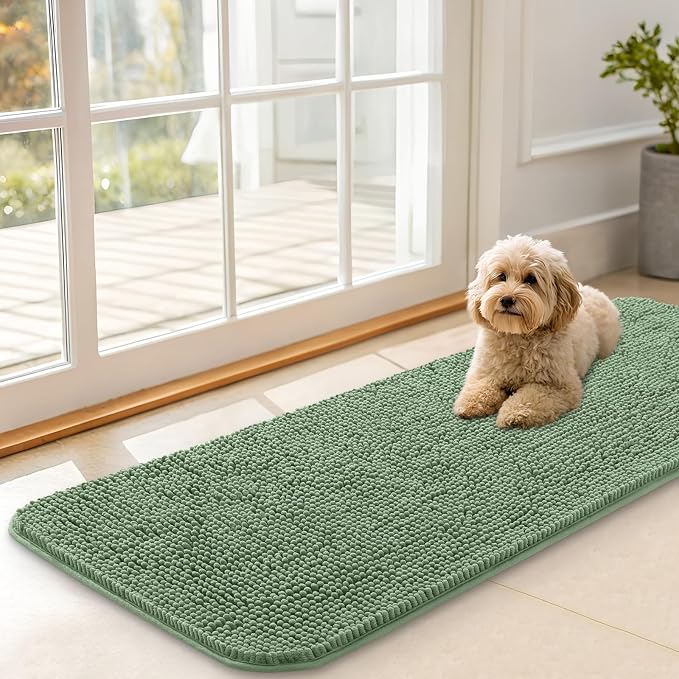 OLANLY Dog Door Mat for Muddy Paws 47x17, Super Absorbent Chenille Mud Mat | Olive Green, Absorbs Moisture and Dirt, Non-Slip Machine Washable Doormat, Quick-Drying Indoor Entryway Floor Carpet for Dogs