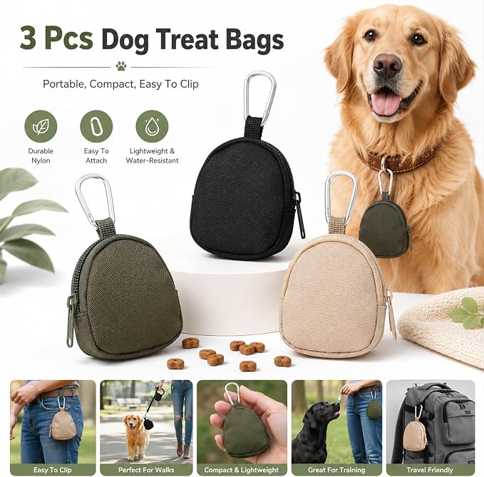 Bremorou 3 Pcs Dog Treat Pouch for Pet Training Waterproof Portable Reward Puppy Treat Bag Reusable Small Dog Treats Pouch Carabiner Poop Bag Holder for Outdoor Zipper Closure