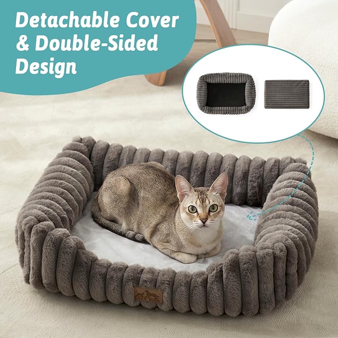 COZY KISS Orthopedic Pet Bed for Small Cats - Washable Rectangle Pet Bed with Anti-Slip Bottom, Soft Calming Cat & Puppy Bed for Indoor Pets (20"x18"x6", Grey)