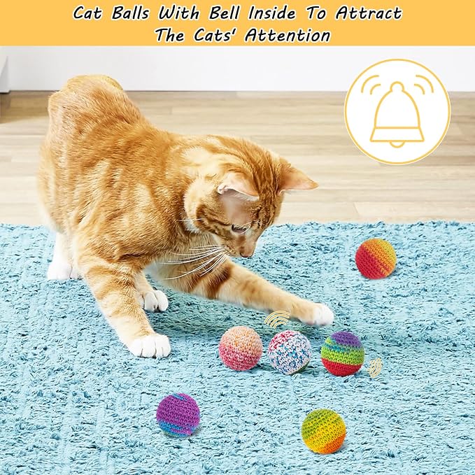 Retro Shaw Cat Toys Balls, Yarn Cat Ball with Bell Inside, Interactive Kitten Toys for Indoor Bored Cats, Handmade Crochet Kitty Ball 6 Pack