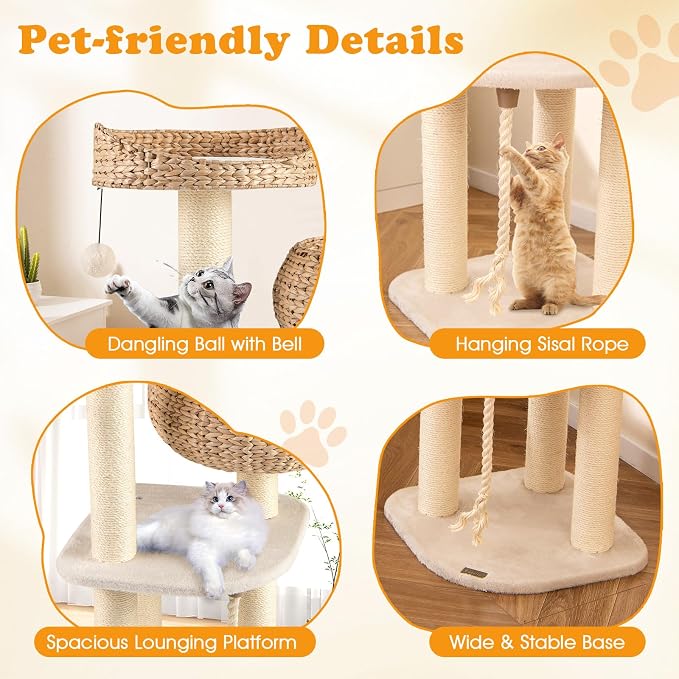 41 Inch Modern Cat Tree for Indoor Cats, Multi-Level Cute Cat Tree with Scratching Posts, Hand-Made Wicker Cat Condo & Top Perch, Dangling Ball, and Sisal Rope, Beige