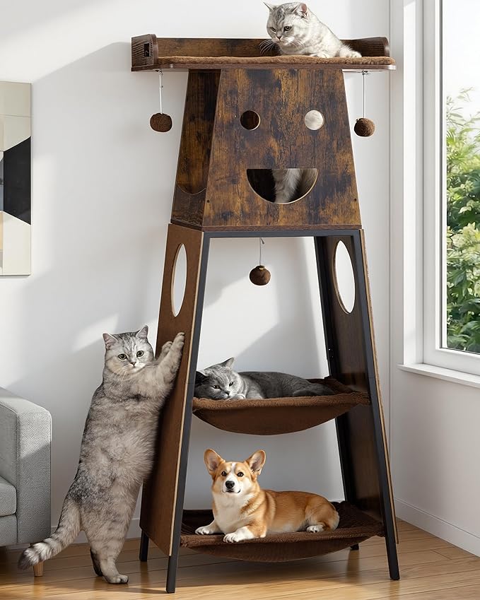 56in Modern Wood Cat Tree Tower for Indoor Cats with Hammock | Multi-Level Climbing Design, 2 Spacious Hammocks, Perch, Cat Condo, Scratching Board, Ideal for Multi-Cat Homes, Rustic Brown