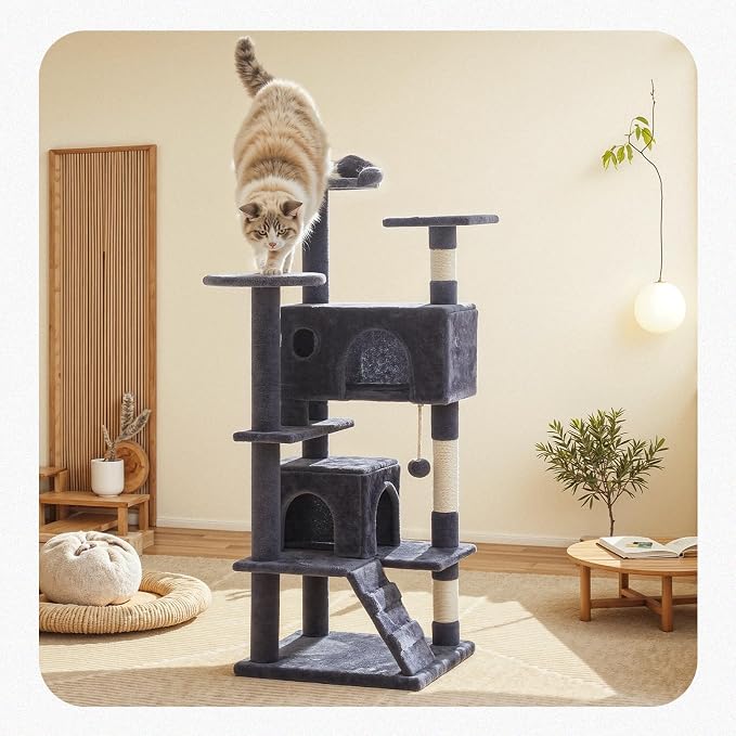 54 Inch Cat Tree Tower with Sisal Scratching Posts | Multi-Level Cat TreeTower with Climbing Ladder, Play Toy Balls House for Indoor Cats, Grey