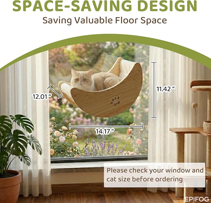 Cat Window Perch White Cushion 14.17" L x 12.01" W x 11.42" H | Sturdy Moon Shaped Sunbathing Bed, Solid Wood, Detachable Soft Cushion, 4 Suction Cups, for Indoor Cats