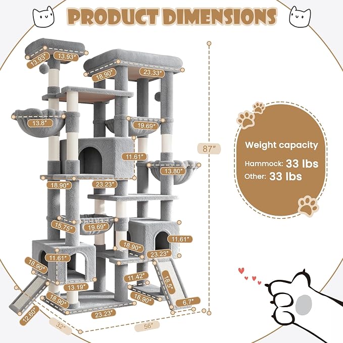 Sha Cerlin 87 in Multi-Level Tall Cat Tree Tower for Large Cats/Extra Wide Feline Activity Center/Sisal Scratching Posts/Wide Base/Cozy Plush Perches/Baskets/Hammocks/Toy Balls/Grey