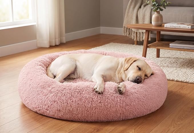 SAVFOX 36 inches Calming Donut Dog Bed - 3X Durable Plush Faux Fur, Machine Washable & Non-Slip, Fits up to 100 lbs, Pink