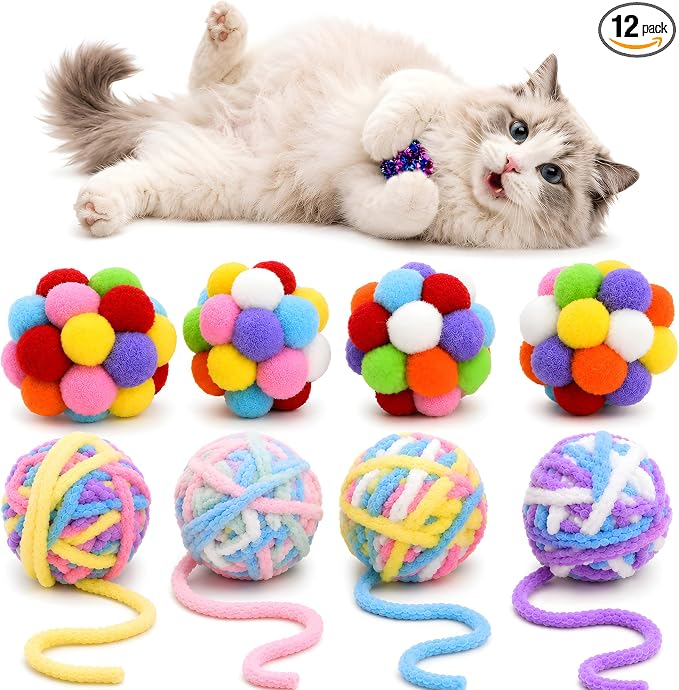 12 Pack 1.7 Inch Cat Toy Balls, Assorted Wool Yarn, Bell & Crinkle Balls for Indoor Cats & Kittens, Interactive Colorful Set
