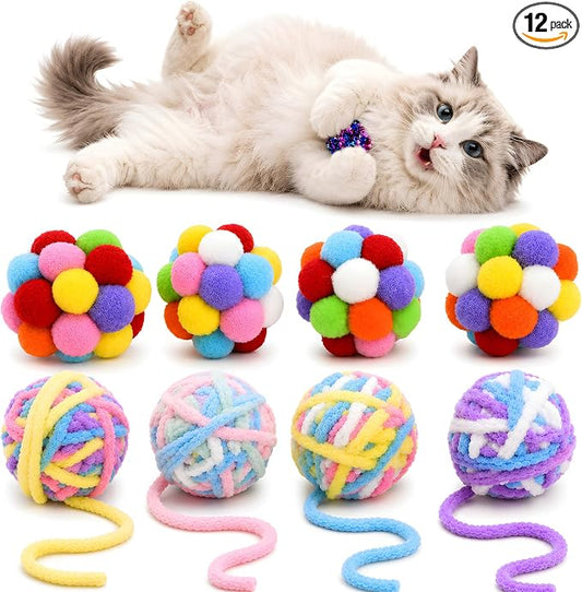 12 Pack 1.7 Inch Cat Toy Balls, Assorted Wool Yarn, Bell & Crinkle Balls for Indoor Cats & Kittens, Interactive Colorful Set