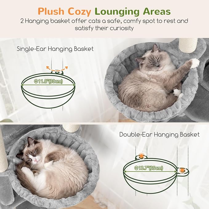 Globlazer Tall Cat Tree for Indoor Large Cats, 75 inch, F75C, Light Grey | Multi-Level Cat Tower, 2 Large Platforms, 2 Oversized Cat Condos, 5 Scratching Posts, Scratching Board, Removable Pet Bed