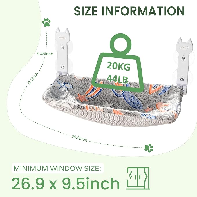 HiPetpy 2-Pack Large Cat Window Perch, Cordless Foldable Cat Hammock | Glow in the dark fabric, removable soft cover, breathable mesh, suction cups, large window cat bed for indoor cats