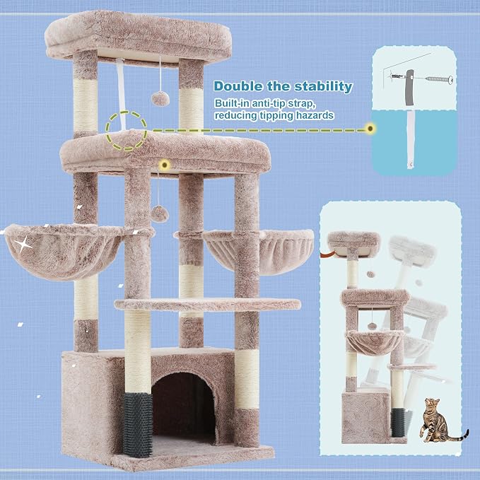 Hey-brother Cat Tree Tower with Extra Large Platform, Big Condo, MPJ070MU | 51.1 Inches Scratching Posts with 2 Cozy Hammocks, Self-Grooming Brush for Indoor Adult Cats, Maine Coon, Muchroom