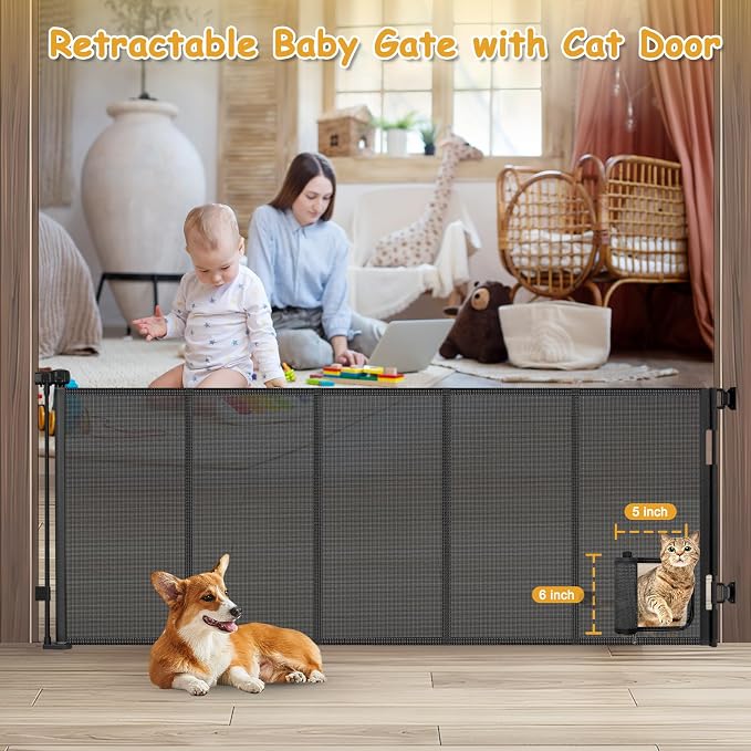 Reinforced 90” Extra Wide Retractable Pet Gate with Cat Door 33 Inch Tall Mesh Baby Gate Retractable Dog Gates for Doorways Extra Wide Baby Gates for Large Openings with Reinforced Strips, Black