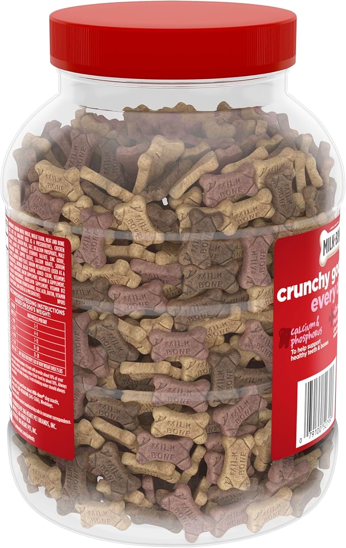 Milk-Bone Flavor Snacks Mini’s Dog Biscuits, Flavored Crunchy Dog Treats, 36 Oz. Canister | 5 calories per treat, 15% protein, 3 flavors per canister (beef, chicken & bacon, naturally & artificially flavored)