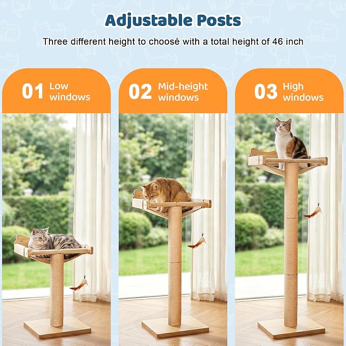 Cat Window Perch Hammock with 3-Piece Detachable Sisal Scratching Posts, Drill-Free Suction Cup Mount, Multi-Level Climbing Perch for Bird Watching, 45 LBS Capacity