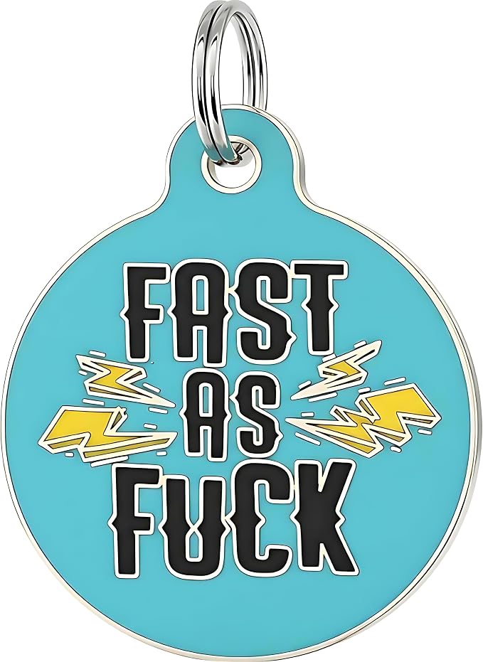 Bad Tags Personalized Dog and Cat ID Tags in 25+ Designs and 2 Sizes - 5 Lines of Custom Engraved Text - Funny Cute Personalized Pet Tags (Fast As F*ck, Small (1 inch))