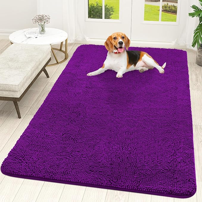 OLANLY Dog Door Mat for Muddy Paws 59x35, Super Absorbent Chenille Mud Mat | Purple, Absorbs Moisture and Dirt, Non-Slip Machine Washable Doormat, Quick-Drying Indoor Entryway Floor Carpet for Dogs