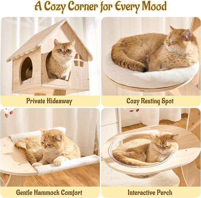 65" Modern Wood Cat Tree for Indoor Cats, Multi-level Cat Tower with Hidden Cat House, Cozy Beds, Hammock, Capsule perch, Spacious Scratching Board & Interactive Toys, Furniture-Style Cat Condo