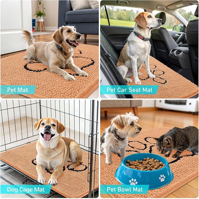 OLANLY Dog Door Mat for Muddy Paws 48x30, Paw Print Design Chenille Mud Mat | Orange, Absorbent, Traps Moisture and Dirt, Non-Slip Washable Doormat, Quick-Drying Indoor Entryway Floor Carpet for Dogs