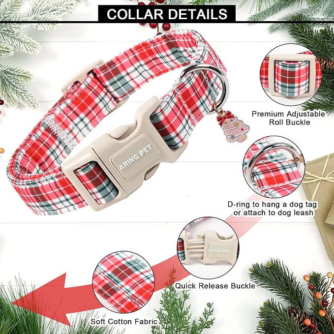 ARING PET Christmas Dog Collar, Cute Red Green Pink Grid Plaid Pets Collars for Puppy Small Medium Large Girl Boy Dogs-S