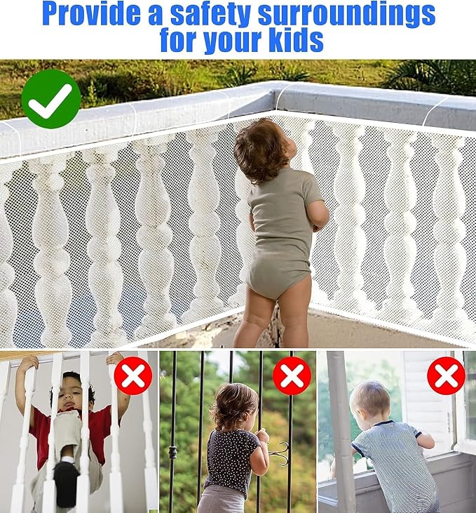 Baby Gate for Stairs, Banister Guard for Kids, Pets, Toys, 59ft L x 2.66 ft H, Mesh Netting Safety Net for Balcony Rail Stair, Stairway Net Baby Safety Products for Indoor & Outdoor (White)