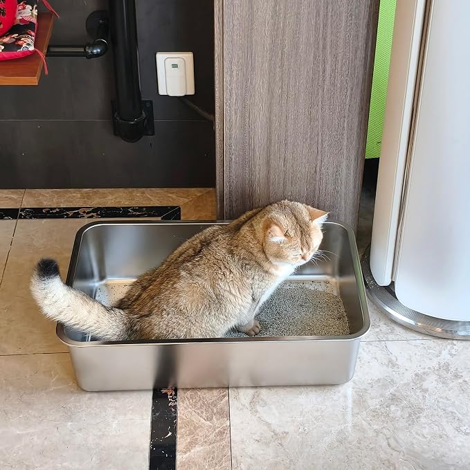 Stainless Steel Litter Box 2 Pack-XLarge Metal Litter Box-High Sided Cat LitterBox for Adult Big Cats, Stainless Steel Cat LitterBoxe 6IN Deep- Easy to Clean,Non Stick, No Smell