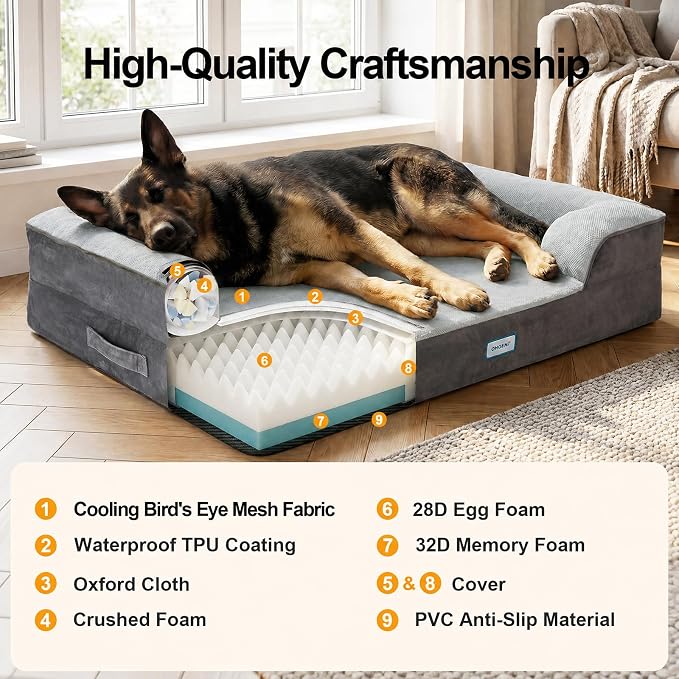 OhGeni Orthopedic Cooling Dog Bed Couch, Cooling Big Pet Sofa for Extra Large Sized Pets with Memory Foam, Machine-Washable Waterproof Removable Cover, Soft Comfortable Fabric, 44-inch (Cool Gray)