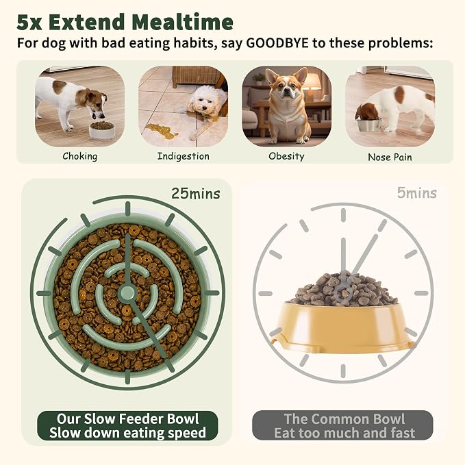 Elevated Slow Feeder Dog Bowl Large Breed, 8.8 Inch Ceramic Slow Eating Bowl with Bamboo Stand, Anti-Choking Raised Maze Design for Medium to Large Dogs, 3.2 Cup, Green