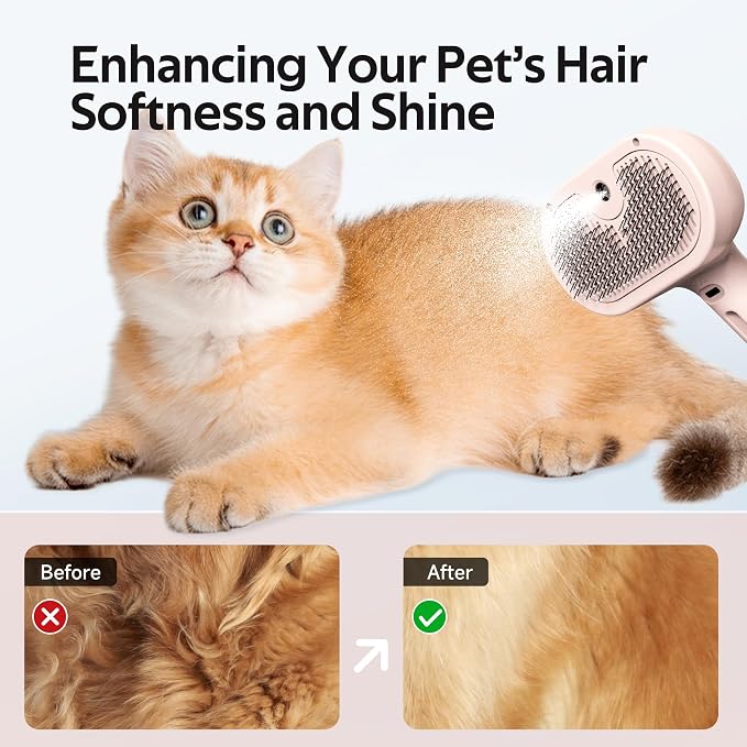 Pet Grooming Brush with Electronic Mist Spray - Gentle Deshedding Tool for Cats & Dogs, Pet Steam Brush，Reduces Shedding, Soft Bristles, Promotes Healthy Coat-Comes with a hair smoothing comb-Red