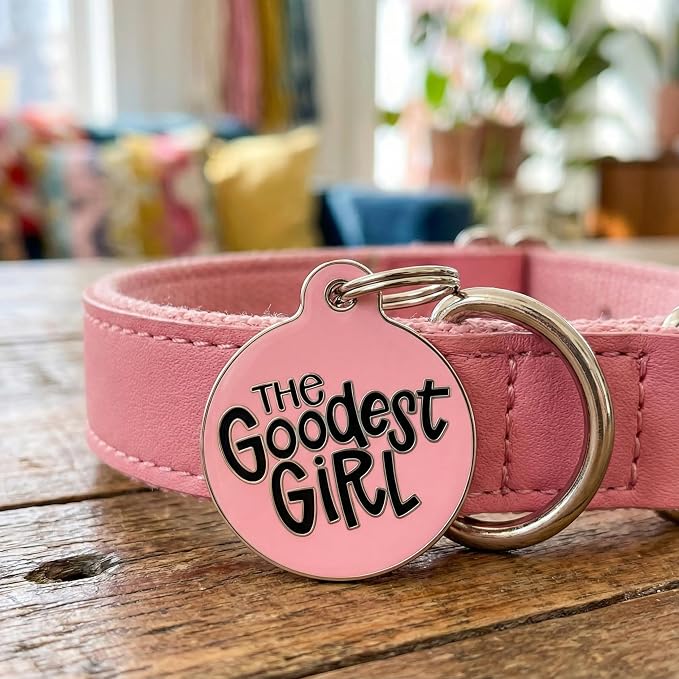 Bad Tags Personalized Dog and Cat ID Tags in 25+ Designs and 2 Sizes - 5 Lines of Custom Engraved Text - Funny Cute Personalized Pet Tags (The Goodest Girl, Large (1.25 inch))
