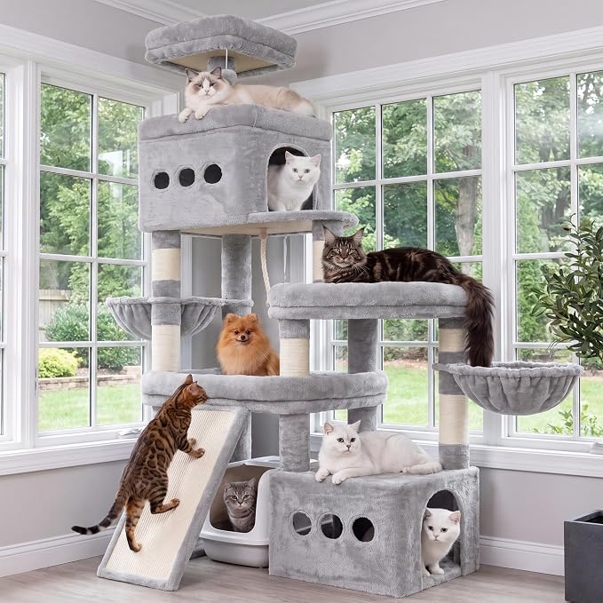 Heybly Cat Tree 72.4-Inch Anti-Tip Cat Tower with Spacious Perches HCT060W | All-in-One Cat Furniture for Large Cats, Multiple Interactive Areas, Extra-Large Sisal Scratching Board, Light Gray
