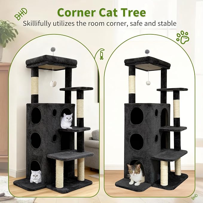 48" Cat Tree Tower for Indoor Cats, Multi-Level Cat House for Large Cats with 3 Cozy Cat Condos, Extra Large Top Perch, Sisal Scratching Posts & Climbing Steps, Dark Gray