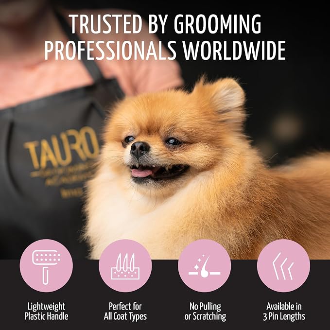 Tauro Pro Line Deshedding Slicker Brush for Dogs & Cats, Soft Pins for Gentle Dematting & Detangling, Grooming Tool for Long & Dense Coats, Ideal for German Shepherds, Non-Slip, Pink, Small Size (S)