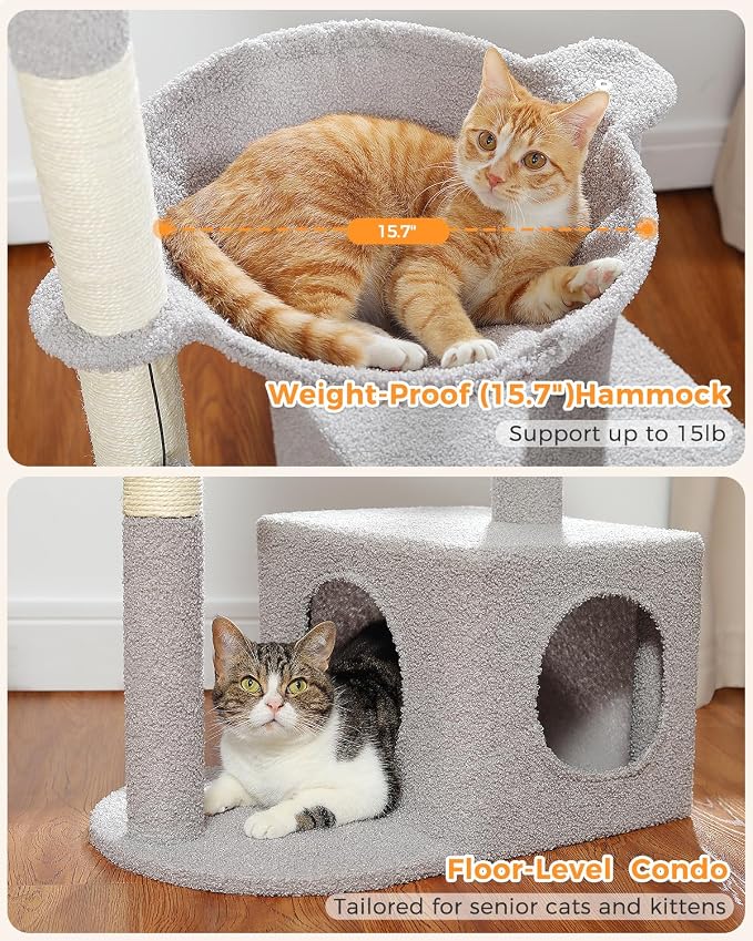 MUTTROS Cactus Cat Tree Cat Scratching Post 40" Cat Tower with Large Metal Carpet Hammock, Cat Scratching Post for Indoor Cats with Condo& Dangling Ball, Grey