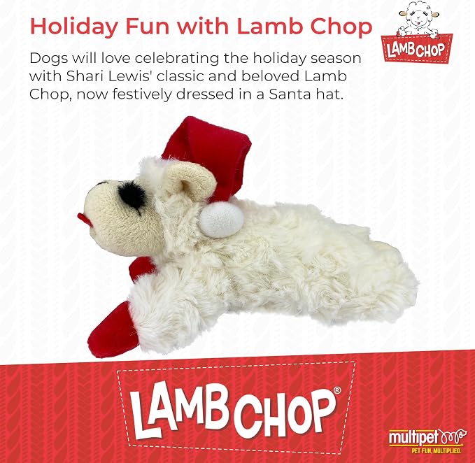 Multipet Lamb Chop Dog Plush Toy w/ Santa Hat - Squeaky Toy for All Dogs - Extra Soft Plush - Stuffed Animal for Cuddling & Playing (6”, Cream)